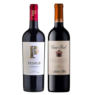 DUO PRIMUS CASA REAL: 1x Vino Primus Carmenere Orgánico 750cc + 1x Vino Casa Real Carmenere 750cc
