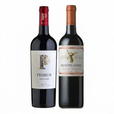 DUO PRIMUS - MONTES ALPHA N°2: 1x Vino Primus The Blend Orgánico 750cc + Vino Montes Alpha Cabernet Sauvignon 750cc