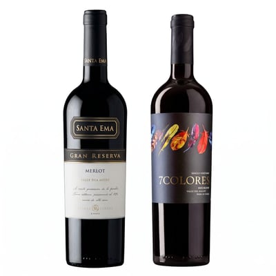 DUO SANTA EMA - 7 COLORES : 1x Vino Santa Ema Gran Reserva Merlot 750cc + 1x Vino 7 Colores Single Vineyard Red Blend 750cc