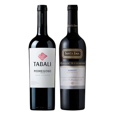DUO TABALI - SANTA EMA (Merlot): 1x Vino Tabali Pedregoso Gran Reserva Merlot 750cc + 1x Vino Santa Ema Gran Reserva Merlot 750cc