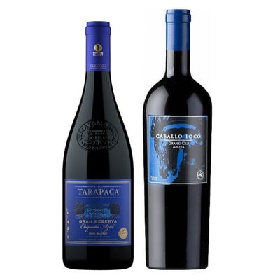DUO TARAPACÁ - CABALLO LOCO: 1x Vino Tarapacá Premium Etiqueta Azul Blend 750cc + 1x Vino Caballo Loco Grand Cru Apalta 750cc