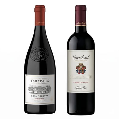 DUO TARAPACÁ - CASA REAL: 1x Vino Tarapacá Gran Reserva Carmenere 750cc + 1x Vino Casa Real Cabernet Sauvignon 750cc