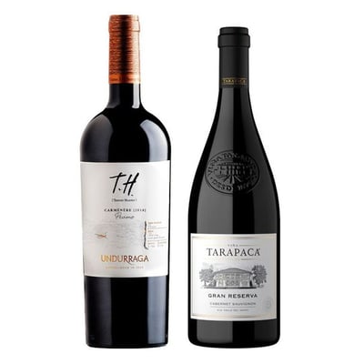 DUO TARAPACA - UNDURRAGA: 1x Vino Tarapacá Gran Reserva Cabernet Sauvignon 750cc  + 1x Vino Undurraga TH Peumo Carmenere 750cc