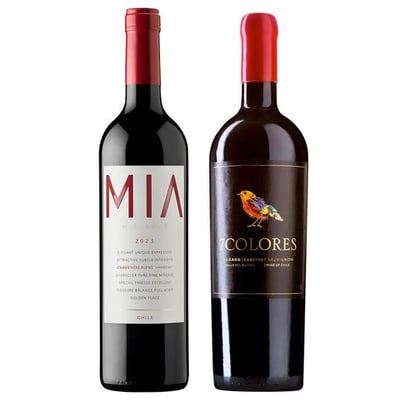 DUO VIK - 7 COLORES: 1x Vino VIK MIA Carmenere Blend (2023) 750cc + 1x Vino 7 Colores Icono Alzado Cabernet Sauvignon 750cc