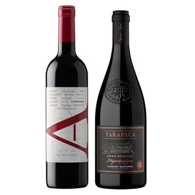 DUO VIK A - TARAPACA ETQ. NEGRA: 1x Vino VIK A Carmenere 750cc + 1x Vino Tarapacá Etiqueta Negra Cabernet Sauvignon 750cc