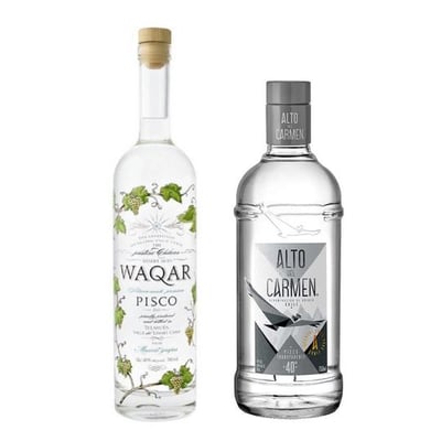 DUO WAQAR + ALTO: 1x Pisco Waqar 700cc + 1x Pisco Alto del Carmen Transparente 750cc 40º alc.