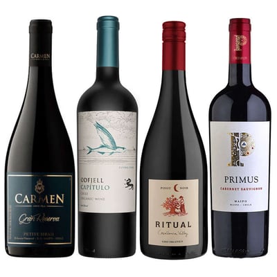 EL PACK DE PEDRO: Vino Carmen Gran Reserva Petite Syrah 750cc + Vino Odfjell Gran Reserva Capítulo Flying Fish (CA/CS/MA) 750cc + Vino Ritual Pinot Noir Orgánico750cc + Vino Primus Cabernet Sauvignon 750 cc
