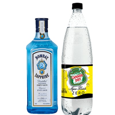 Gin Bombay Sapphire 750cc + Agua Tónica Zero Canada Dry 1.5lts