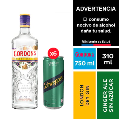 Gin Gordon´s London Dry Gin 750 Ml. + Schweppes Ginger Ale Sin Azúcar 6 X 310 Ml.