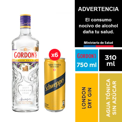 Gin Gordon´s London Dry Gin 750 Ml. + Schweppes Tónica Sin Azúcar 6 X 310 Ml.