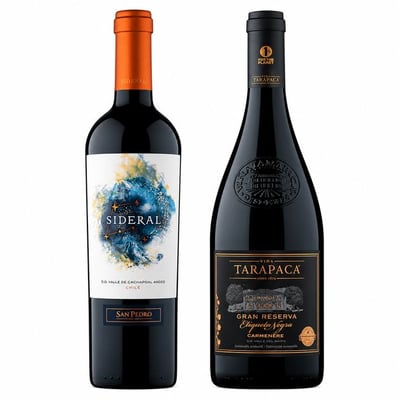 GRAN DUO PREMIUM TARAPACÁ - SIDERAL: 1x Vino Tarapacá Etiqueta Negra Carmenere 750cc + 1x Vino Sideral Blend 750cc