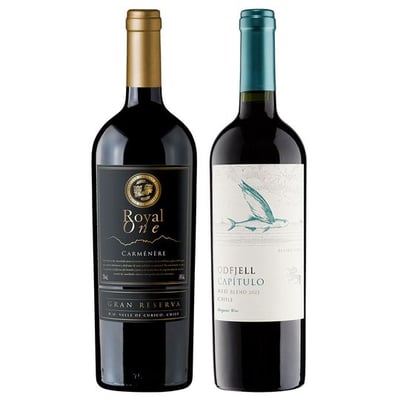 GRAN DUO ROYAL - FLYING FISH: 1x Vino Royal One Gran Reserva Carmenere 750cc + 1x Vino Odfjell Capítulo Flying Fish Gran Reserva Ensamblaje 750cc