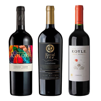 GRAN TRIO CARMENERE: 1x Vino 7 Colores Gran Reserva Carmenere-Viognier 750cc + 1x Vino Royal One Gran Reserva Carmenere 750cc + 1x Vino Koyle Gran Reserva Carmenere 750cc