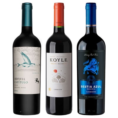 GRAN TRIO N°11: 1x Vino Odfjell Gran Reserva Capítulo Flying Fish (CA/CS/MA/SY) 750cc + 1x Vino Koyle Gran Reserva Carmenere 750cc + 1x Vino Bestia Azul Carmenere 750cc