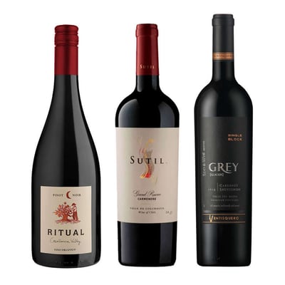 GRAN TRIO Nº2: Vino Ritual Pinot Noir Orgánico 750cc + Vino Sutil Gran Reserva Carmenere 750cc + Vino Ventisquero Grey Cabernet Sauvignon 750cc