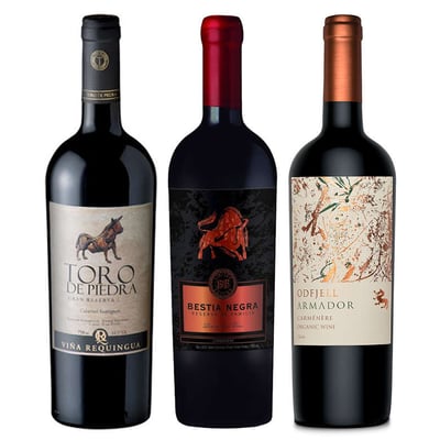 GRAN TRIO Nº3: Vino Toro de Piedra Cabernet Sauvignon 750cc + Vino Bestia Negra Carmenere 750cc + Vino Odfjell Armador Carmenere 750cc