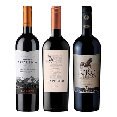GRAN TRIO Nº4: 1x Vino Castillo de Molina Reserva Cabernet Sauvignon 750cc + 1x Vino Odfjell Gran Reserva Capítulo Flying Fish (CA/CS/MA/SY) 750cc + 1x Vino Toro de Piedra Cabernet Sauvignon 750cc