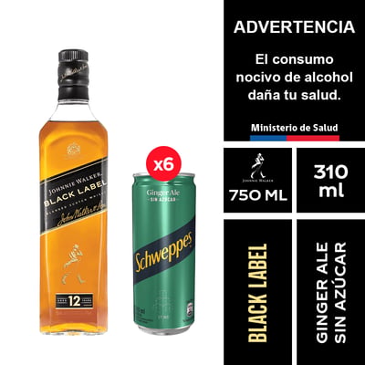 Johnnie Walker Black Label 750 Ml. + Schweppes Ginger Ale Sin Azúcar 6 X 310 Ml.