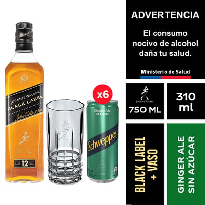 Johnnie Walker Black Label 750 Ml. + Schweppes Ginger Ale Sin Azúcar 6 X 310 Ml. + Vaso Johnnie Walker 390ml.
