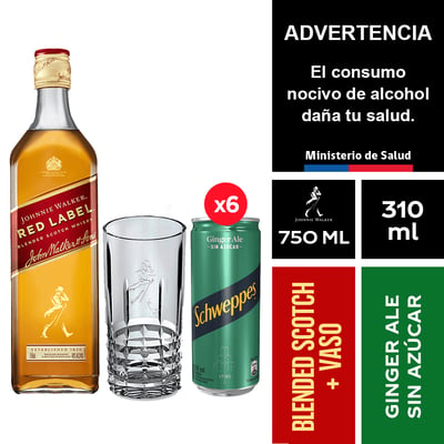 Johnnie Walker Red Label 750 Ml. + Schweppes Ginger Ale Sin Azúcar 6 X 310 Ml. + Vaso Johnnie Walker 390ml.