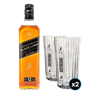 JW BLACK + VASO HIGHBALL: 1x Whisky Johnnie Walker Black Label 750cc 40º alc. + 2x Vaso Highball JW Black