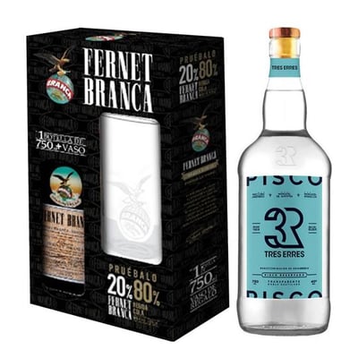 Kit Branca con vaso + 3R Transparente 750cc: 1x Licor Fernet Branca 750cc + 1x Vaso + Pisco Tres Erres Transparente 750cc 40º alc.