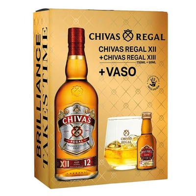 Kit Chivas: Whisky Chivas Regal 12 750cc 40° + Whisky Chivas Extra 13 años 200cc 40° + Vaso Chivas Regal 