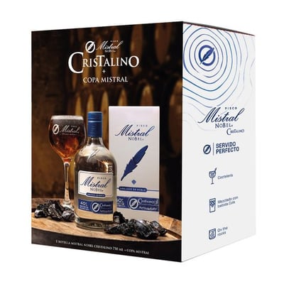 Kit Pisco Mistral Nobel Cristalino 750cc 40° + copa Mistral