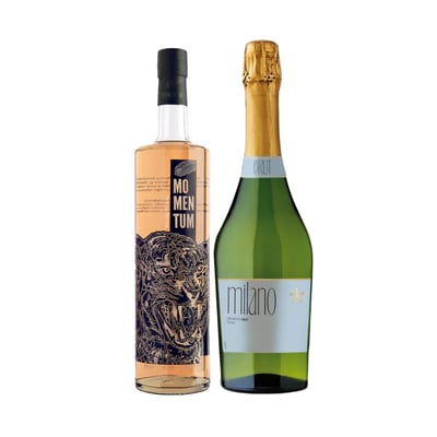 Licor Momentum Flor de Sauco 750cc + Espumante Milano Brut 750cc