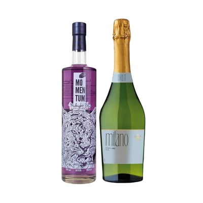 Licor Momentum Midnight Blue 750cc + Espumante Milano Brut 750cc