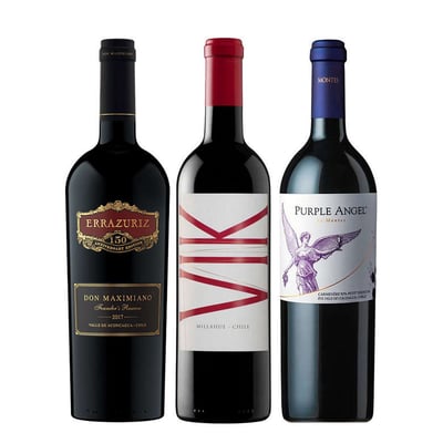 MASTER PACK VINOS ICONOS: 1x Vino Errazuriz Don Maximiano 750cc + 1x Vino VIK (CB/CA/CF/ME/SY) 750cc + 1x Vino Montes Purple Angel 750cc