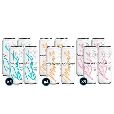 MIX ESPUMANTE VALDIVIESO EN LATA: 4x Espumante Valdivieso Brut en Lata 310cc + 4x Espumante Valdivieso Moscato en Lata 310cc + 4x Espumante Valdivieso Rosé en Lata 310cc