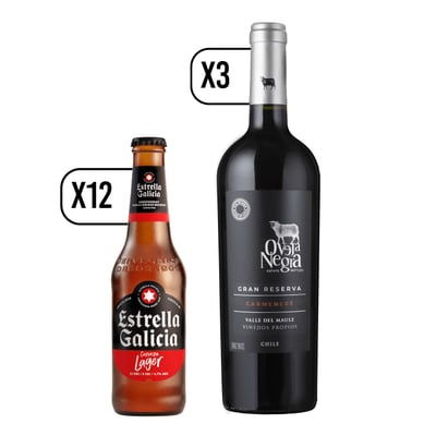 Pack 12 Cerveza Estrella Galicia Lager 330cc + 3 Vino Oveja Negra Gran Reserva Carmenere