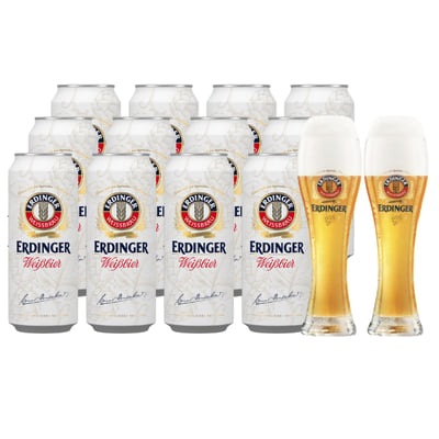 Pack 12x Cerveza Erdinger Weissbier 5,3˚ - Lata 500cc + 2x Vaso Erdinger 500cc