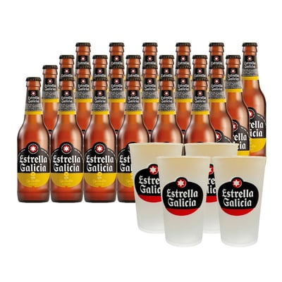 Pack 24 Cerveza Estrella Galicia Sin Gluten 330cc + 4 Vasos