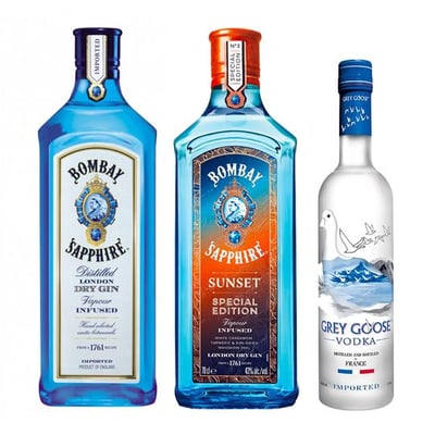 PACK 2 BOMBAY + GREY GOOSE: 1x Gin Bombay Saphire 750 cc + 1x Gin Bombay Sunset 700 cc + Vodka Grey Goose 375 cc