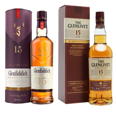 Pack 2x Whisky Single Malt 15 Años Súper Premium - Glenlivet + Glenfiddich - 700ml