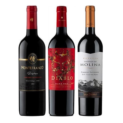 PACK 3 RESERVAS: Vino MonteFranco Reserva Cabernet Sauvignon 750cc + Vino Diablo Dark Red 750cc + Vino Castillo de Molina Reserva Cabernet Sauvignon 750cc
