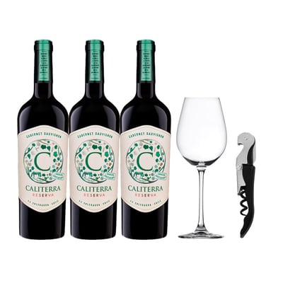 Pack 3 Vino Caliterra Reserva 750cc + Copa + Descorchador