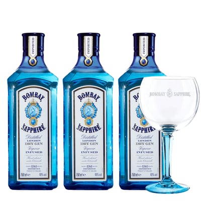 Pack 3x Gin Bombay Sapphire London Dry 750ml + Copa Ofiicial (vidrio)