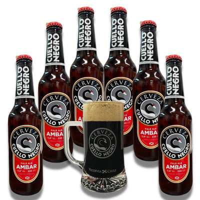 Pack 6 Cerveza Cuello Negro Ámbar 5,8˚ 330cc + Vaso Oficial 500cc