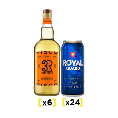 Pack 6x Pisco Tres Erres 1 Litro 35° + 24x Royal Guard Lata 470cc