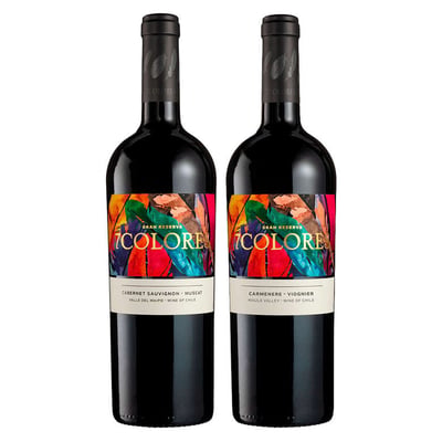 PACK 7 COLORES N°3: Vino 7 Colores Gran Reserva Carmenere-Viognier 750cc  + Vino 7 Colores Gran Reserva Cabernet Sauvignon 750cc