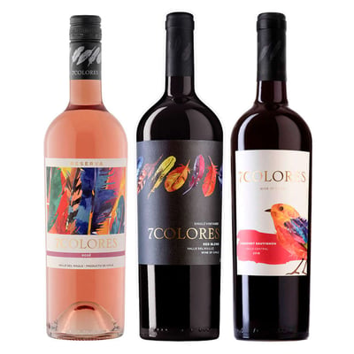 PACK 7 COLORES N°4: 1x Vino 7 Colores Reserva Pinot Noir Rosé 750cc + 1x Vino 7 Colores Single Vineyard Red Blend 750cc + 1x Vino 7 Colores Cabernet Sauvignon 750cc