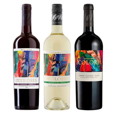 PACK 7 COLORES N°5: 1x Vino 7 Colores Reserva Carmenere Cinsault 750cc + 1x Vino 7 Colores Reserva Sauvignon Blanc 750cc + 1x Vino 7 Colores Gran Reserva Cabernet Sauvignon-Muscat 750cc