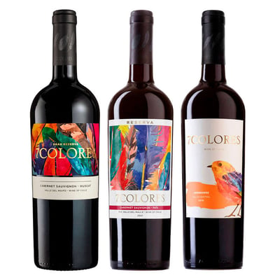 PACK 7 COLORES N°6: 1x Vino 7 Colores Gran Reserva Cabernet Sauvignon-Muscat 750cc + 1x Vino 7 Colores Reserva Cabernet Sauvignon Pais 750cc + 1x Vino 7 Colores Carmenere 750cc
