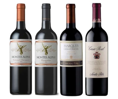 PACK ALPHA MARQUES CASA: Vino Montes Alpha Cabernet Sauvignon 750cc + Vino Montes Alpha Carmenere 750cc + Vino Marques de Casa Concha Carmenere 750cc + Vino Casa Real Cabernet Sauvignon 750cc