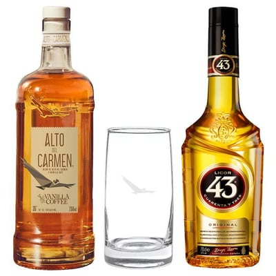 Pack Alto Carajillo: Alto del Carmen Vainilla Coffee 35° + Licor 43 31° 700cc + Vaso Vidrio Toledo Alto del Carmen