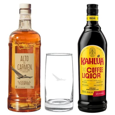 Pack Alto Vainilla Coffee + Vaso + Kahlua: Pisco Alto del Carmen Vainilla Coffee 35° 750cc + Licor Kahlua 750cc 16° alc + Vaso Vidrio Toledo Alto del Carmen