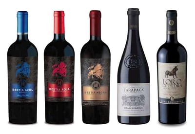 PACK BESTIA TORO TARAPACA: Vino Bestia Negra Cabernet Sauvignon 750cc + Vino Bestia Roja Gran Reserva Cabernet Sauvignon 750cc + Vino Bestia Azul Cabernet Sauvignon 750cc + Vino Tarapacá Gran Reserva Cabernet Sauvignon 750cc + Vino Toro de Piedra Cabernet